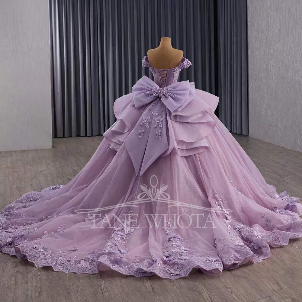 TW559 Purple Princess Dress For 15 Quinceanera Sweetheart Off-Shoulder Lace-Up Back Bow Beading Appliques Crystal Detail