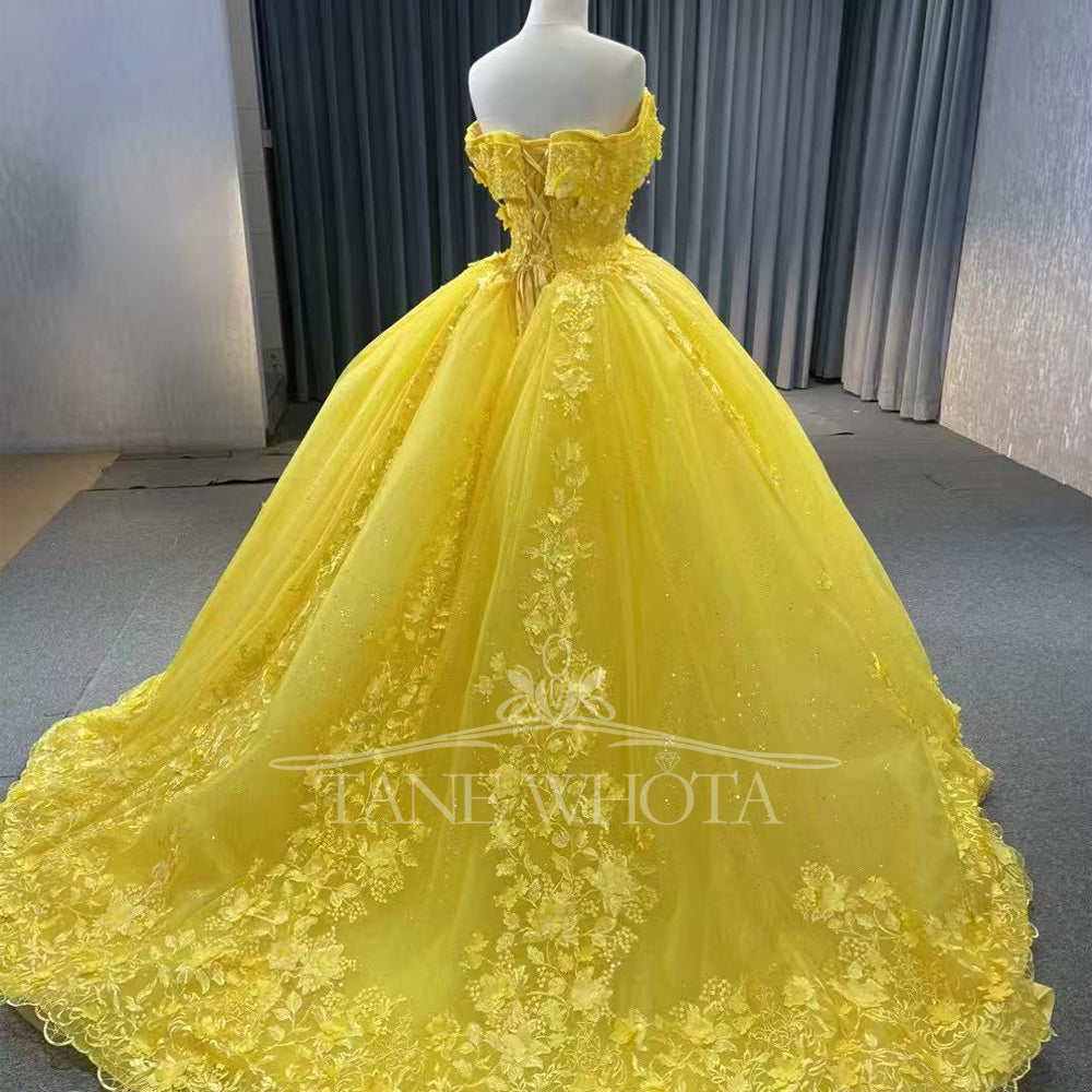 TW288 Vestido De Quinceañera 2025 Off Shoulder Sweetheart Lace Up Back Crystal Appliques Sequined Customized Yellow Long Dress