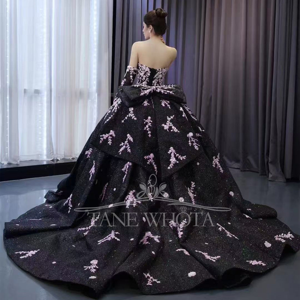 TW349 Vestidos Para Quinceañera Sweetheart Lace Up Back Beading Embroidery Bow Customized Black Luxury Long Dress