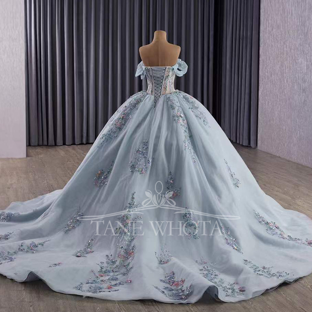 TW328 Abiti Quinceanera Sweetheart Off Shoulder Lace Up Back Appliques Sequined Embroidery Long Silver Grey Princess Quinceanera Dress
