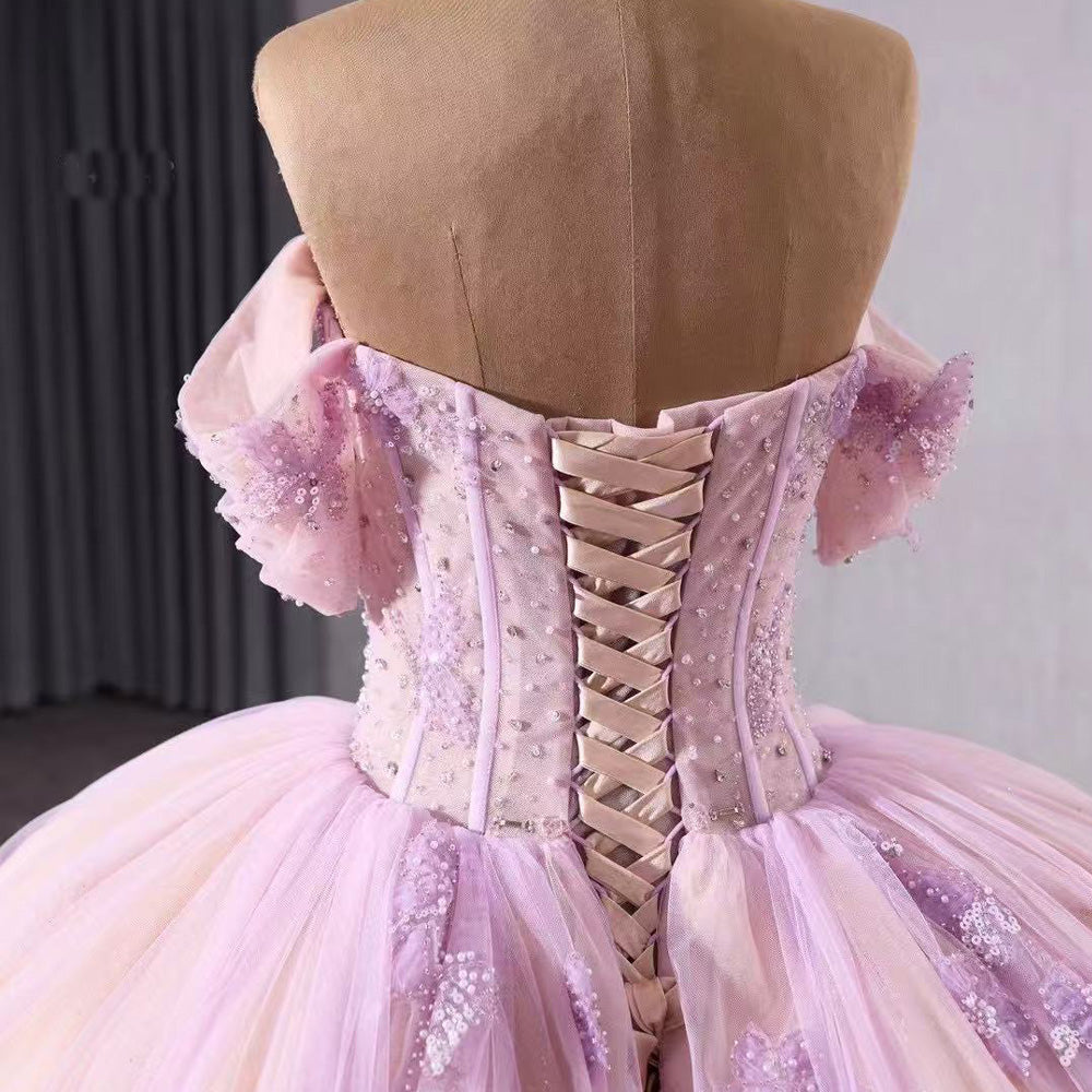 TW125 Vestido De 15 Luxury XV Off Shoulder Sweetheart Appliques Lace Up Back Beading Pink Purple Long Dress For Special Occasions