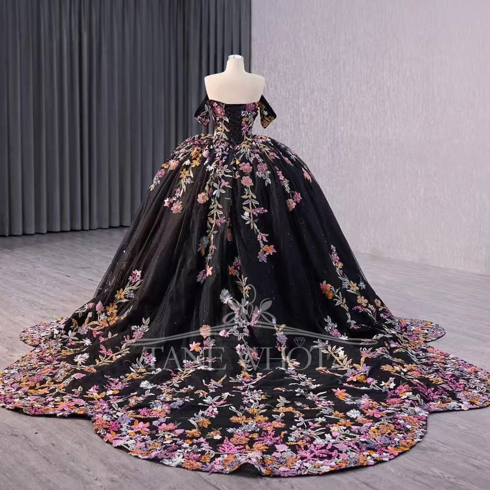 TW505 Black Lace Quinceanera Dress With Off-Shoulder Flowers Sweetheart Lace-Up Back Embroidery Ball Gown For Girls
