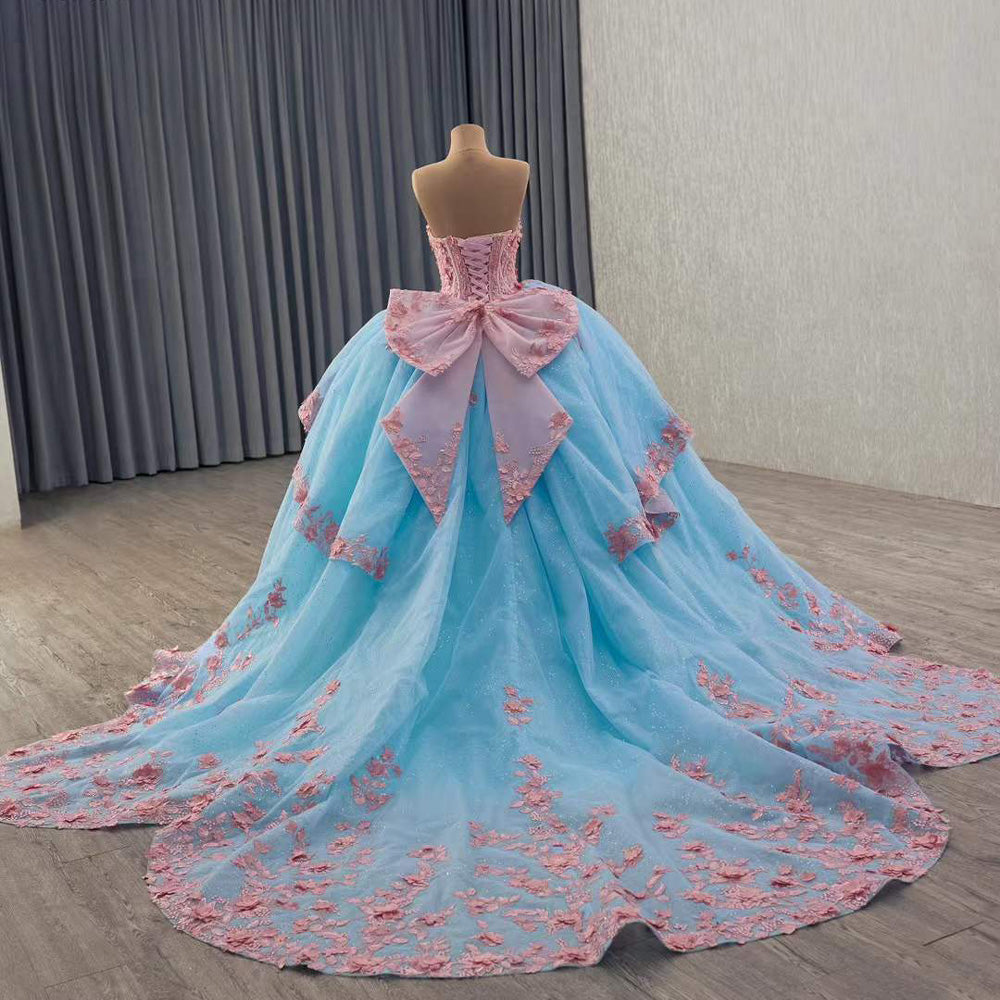 TW097 Vestidos De 15 Años Luxury 2025 Sweetheart Bow Appliques Lace Up Back Blue Pink Long Evening Prom Dress With Detachable Sleeves