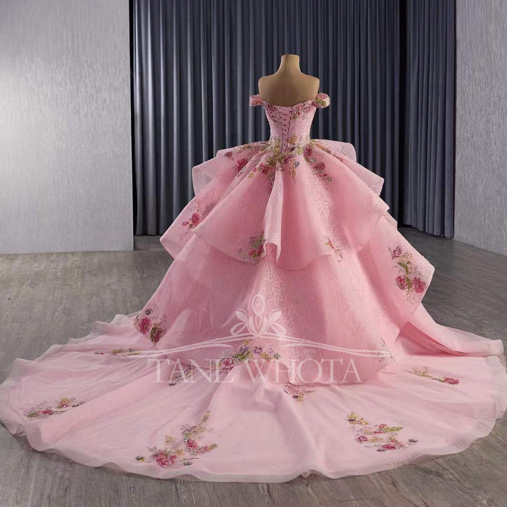 TW515 15 Quinceanera Pink Evening Gown Sweetheart Off-Shoulder Lace-Up Back Beading Sequined Embroidery Customizable Princess Dress