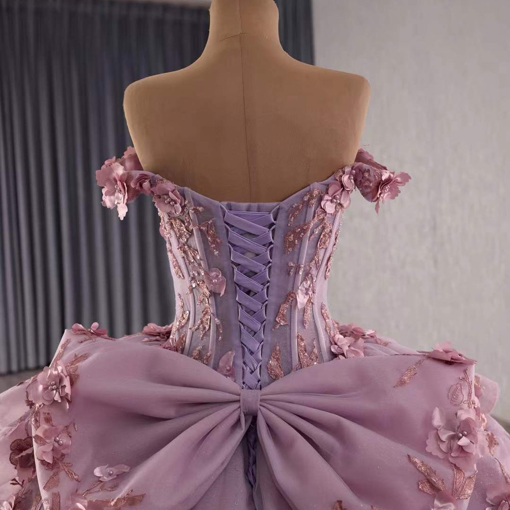 TW096 Vestidos De 15 Años Quinceañera Sweetheart Off Shoulder Bow Appliques Lace Up Back Purple Dress For Special Occasions