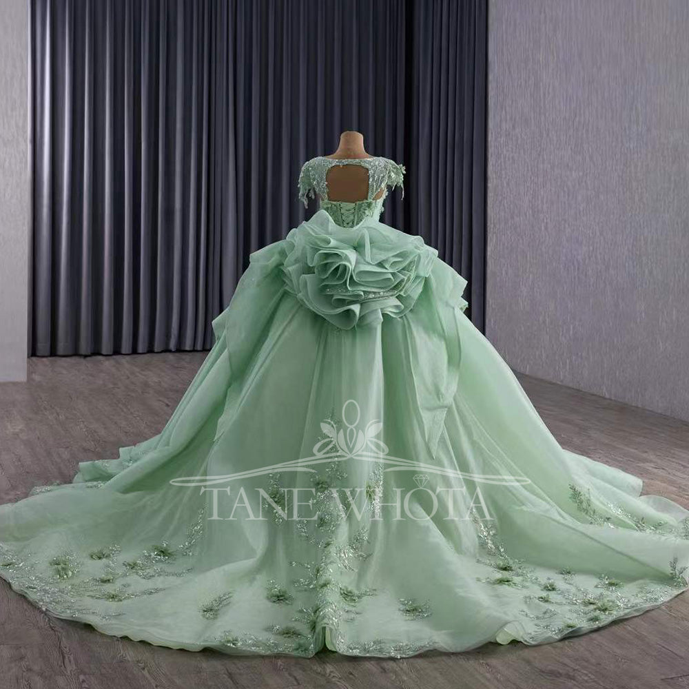 TW370 Quinceanera Dress Sweetheart Cap Sleeve Lace Up Back Appliques Sequined Embroidery Long Green Princess Quinceanera Dress