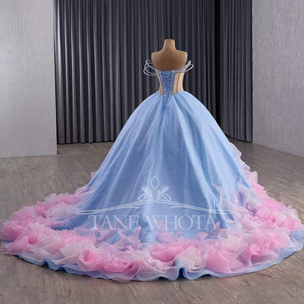 TW563 Blue Strapless Quinceanera Dress With Lace-Up Back Beading Sequined Crystal Ruffles For 15th Birthday Dresses