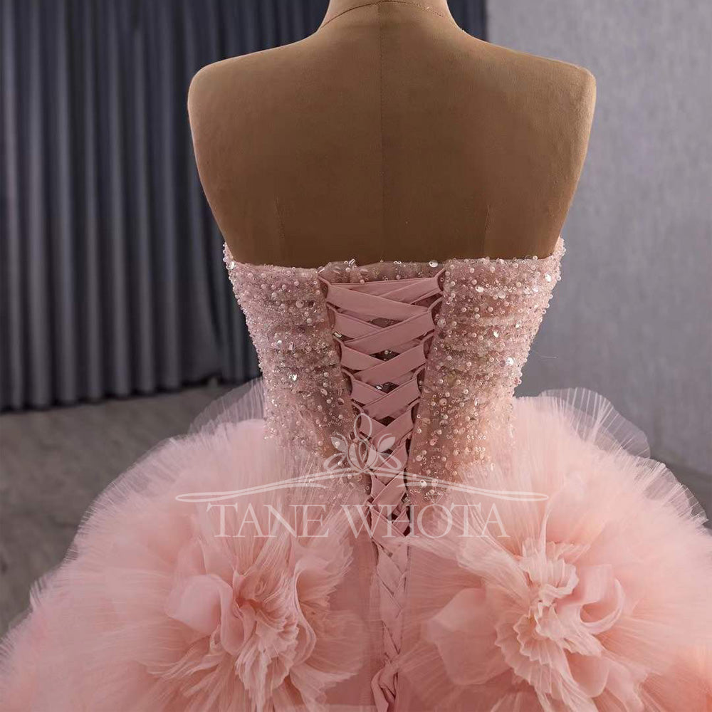 TW568 Customizable Strapless Pink Quinceañeras Prom Gown Lace-Up Back Sequined 3D Flower Crystal Vestidos De 15