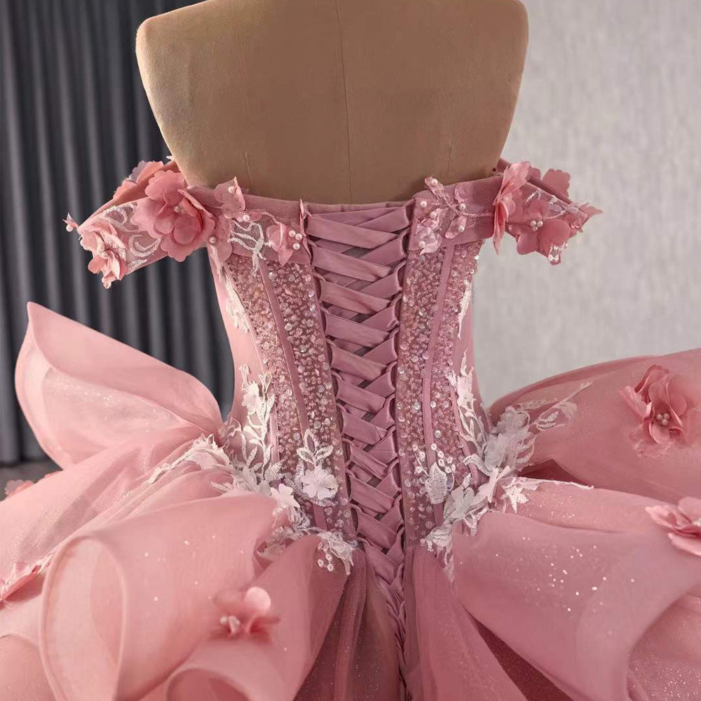TW095 Quinceanera Dresses Luxury 2025 Off Shoulder Strapless Appliques Lace Up Back Pink Long Dress For Special Occasions