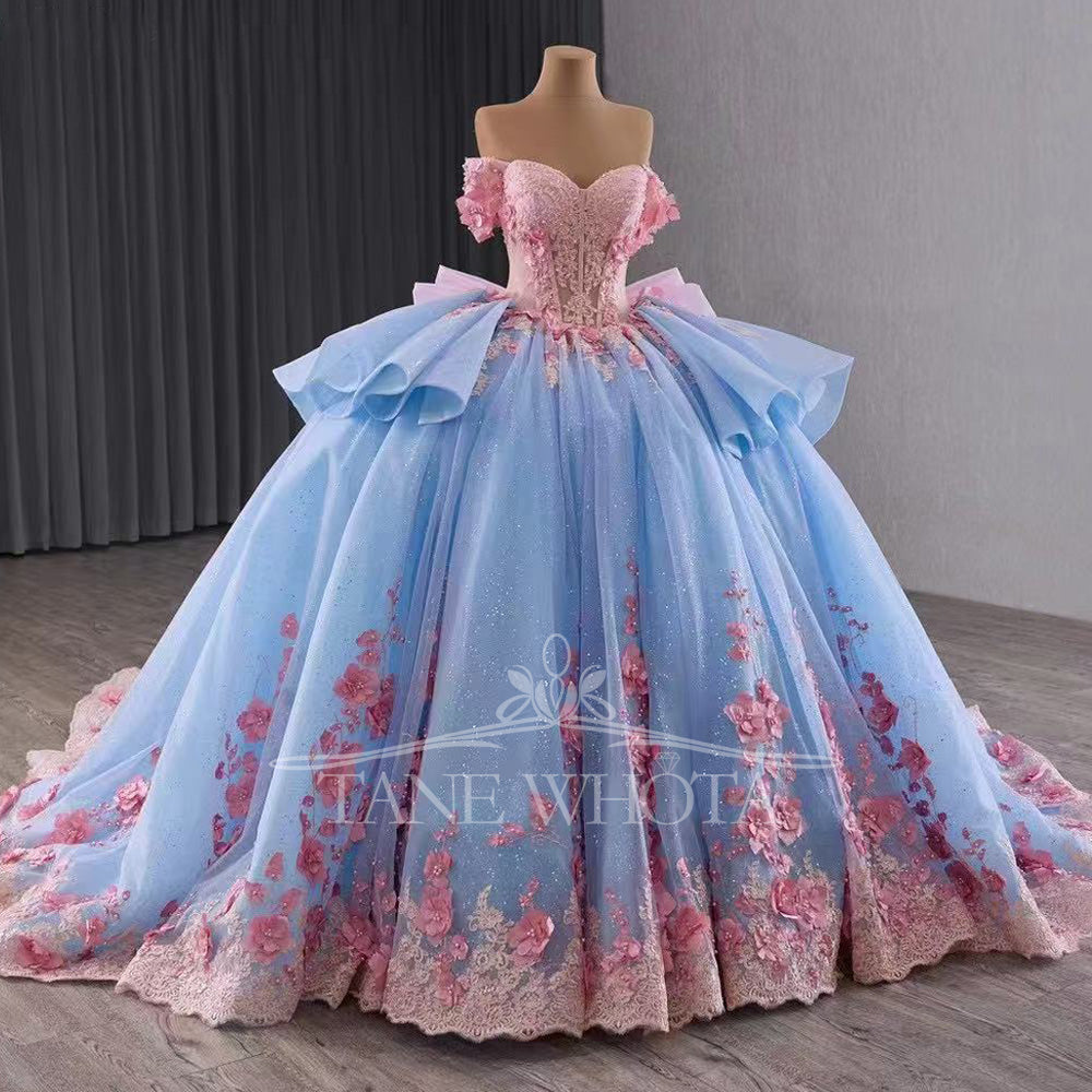 TW445 Girls 15 Quinceanera Dresses Pink Blue Sweetheart Off-Shoulder Lace-Up Back Embroidered Beaded Sequined Appliques Bow Detail