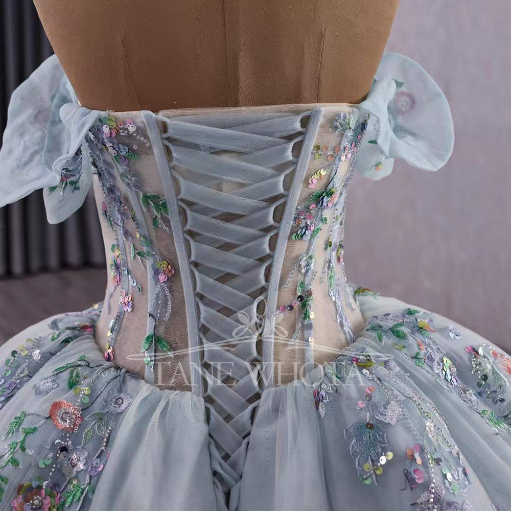 TW328 Abiti Quinceanera Sweetheart Off Shoulder Lace Up Back Appliques Sequined Embroidery Long Silver Grey Princess Quinceanera Dress