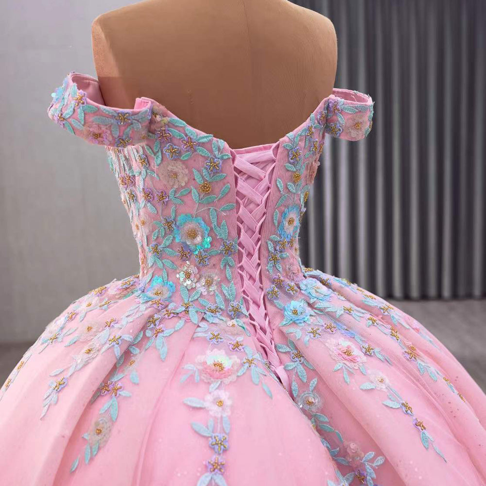 TW116 Vestido Quinceañeras Luxury Off Shoulder Sweetheart Appliques Lace Up Back Pink Long Dress For Special Occasions