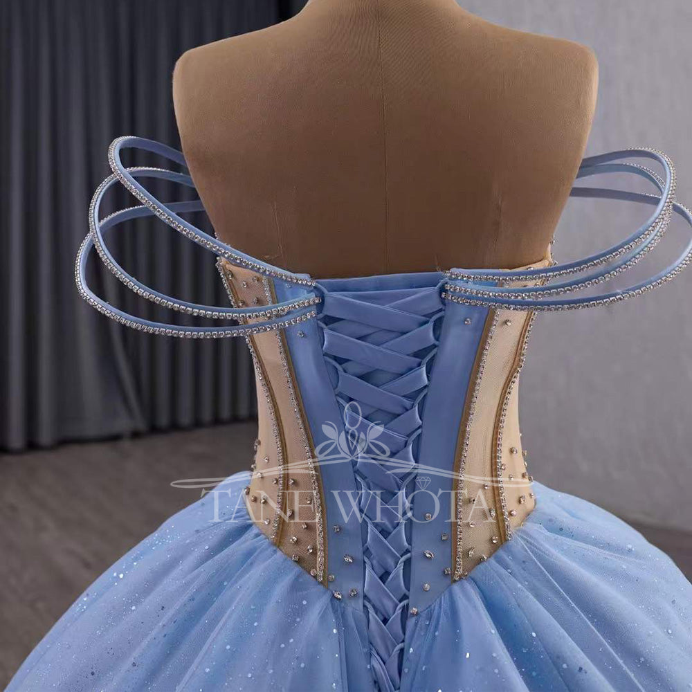 TW563 Blue Strapless Quinceanera Dress With Lace-Up Back Beading Sequined Crystal Ruffles For 15th Birthday Dresses