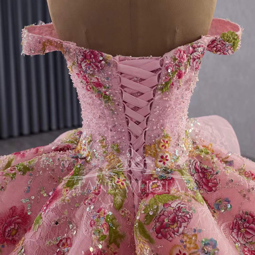 TW515 15 Quinceanera Pink Evening Gown Sweetheart Off-Shoulder Lace-Up Back Beading Sequined Embroidery Customizable Princess Dress