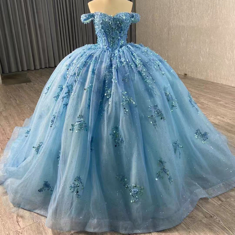 TW126 Vestidos De 15 Off Shoulder Sweetheart Appliques Flower Lace Up Back Blue Luxury Long Dress For Special Occasions