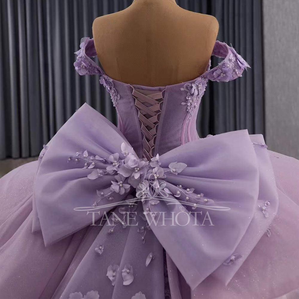 TW559 Purple Princess Dress For 15 Quinceanera Sweetheart Off-Shoulder Lace-Up Back Bow Beading Appliques Crystal Detail