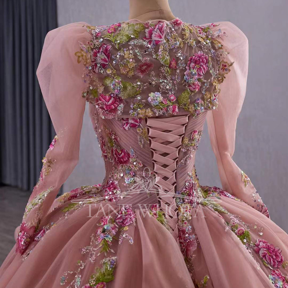 TW527 Pink Quinceañera Evening Gown With Lace-Up Back Detachable Jacket Sequined Embroidery Appliques Customizable Vestido