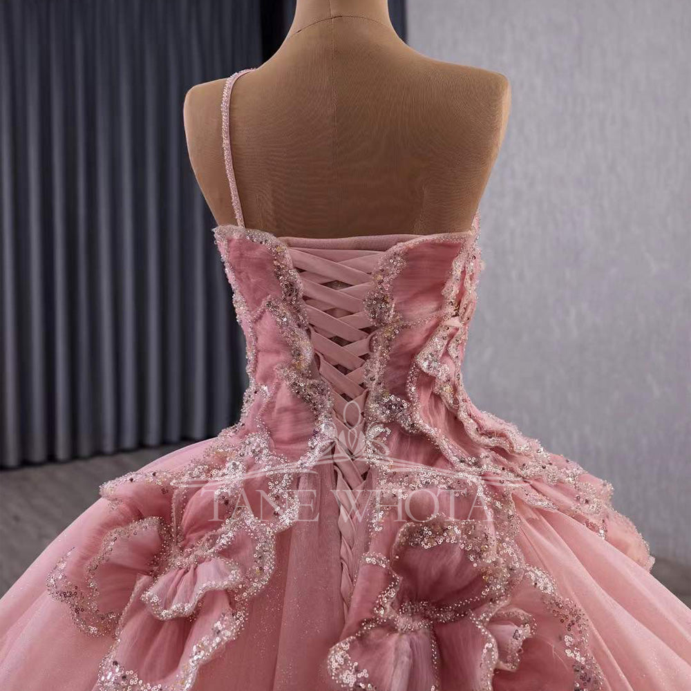 TW572 Vestidis Customizable Pink Prom Dress Quinceañera One-Shoulder Lace-Up Back Sequined Tiered Design For Women