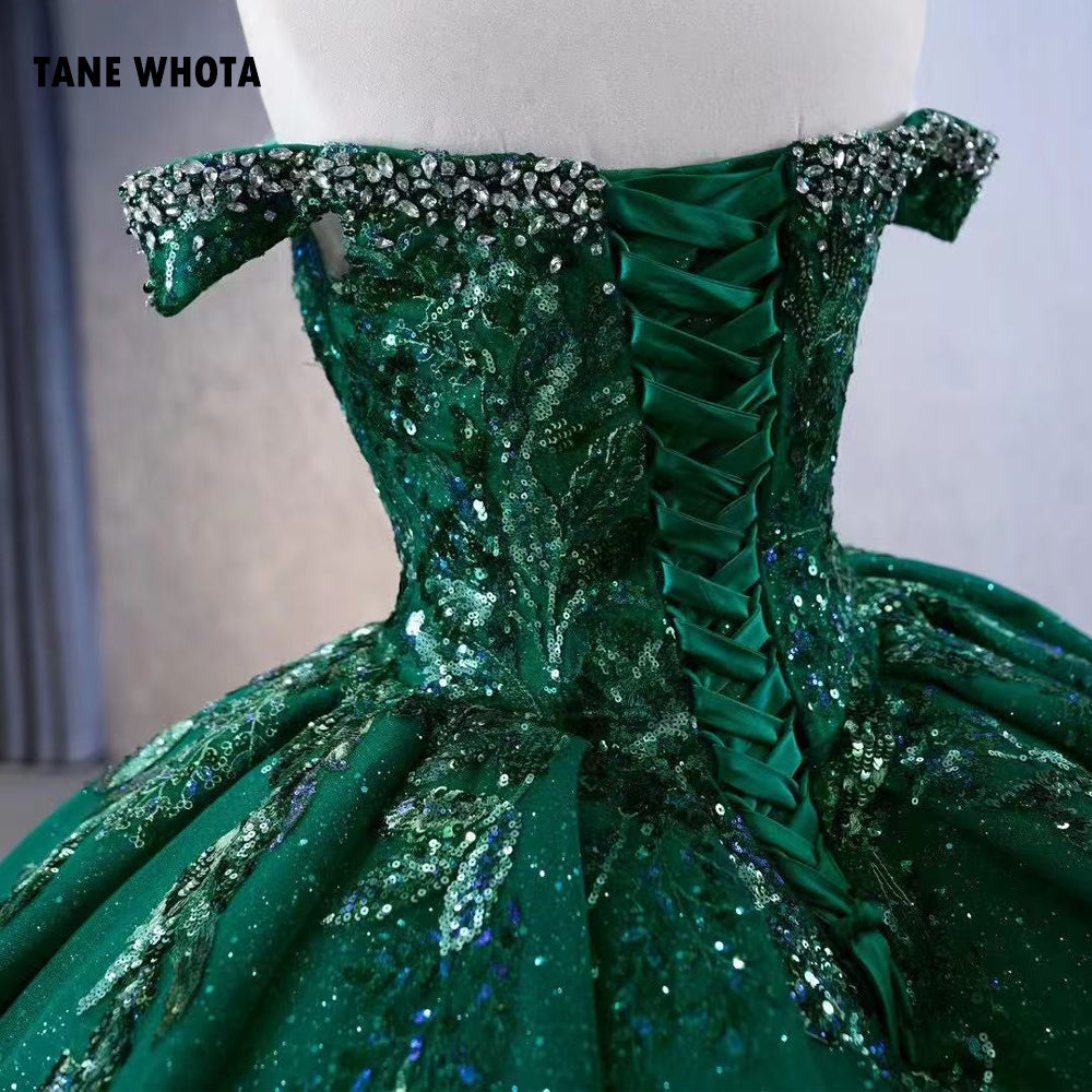 TW287 Vestidos Quinceañera Sweetheart Off Shoulder Lace Up Back Ball Gown Beading Crystal Sequined Customized Green Long Dress