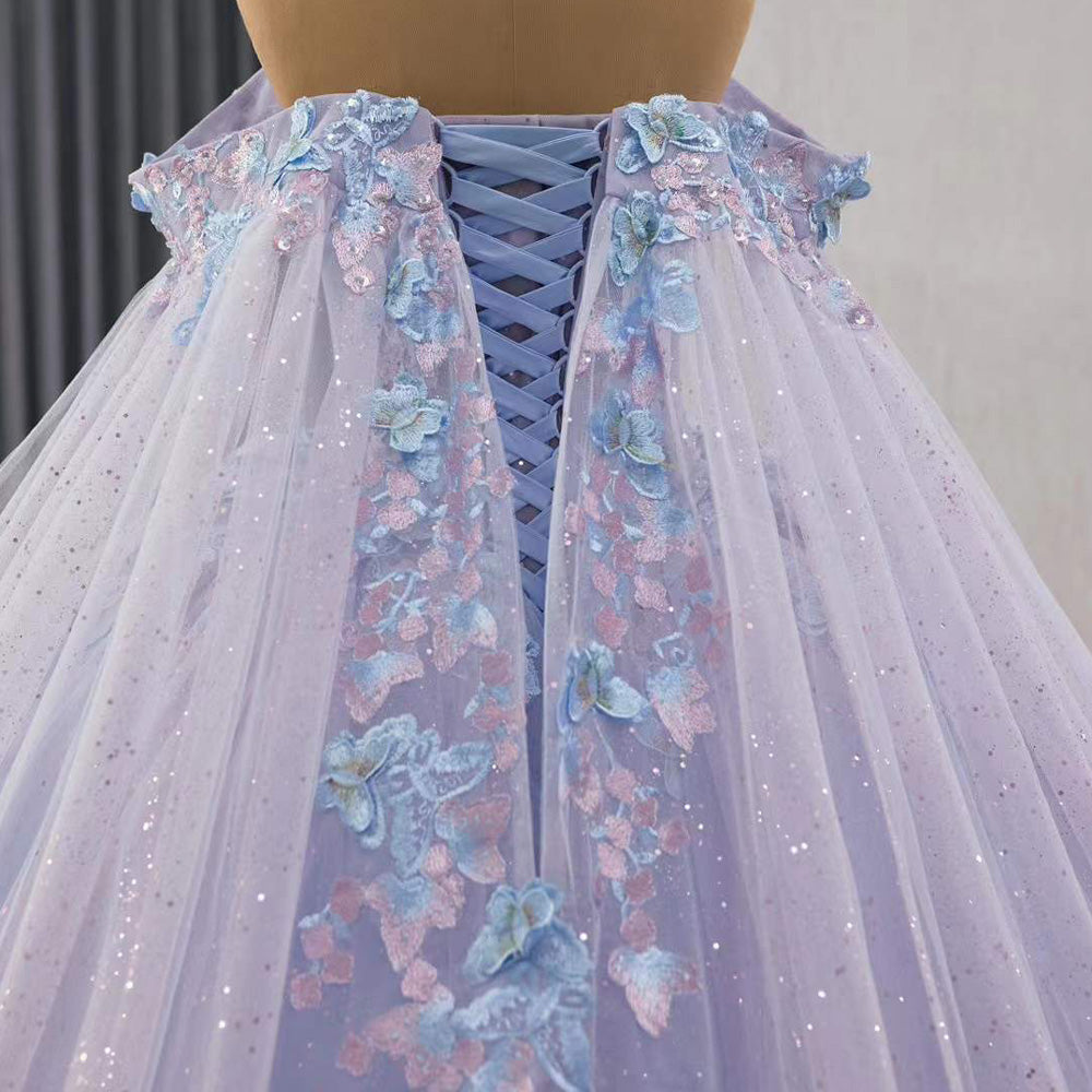 TW093 Vestidos De 15 Quinceañera Luxury 2025 Sleeveless Sweetheart Appliques Lace Up Back Blue Purple Long Dress For Special Occasions