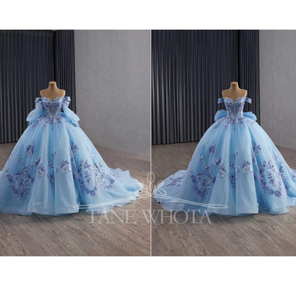 TW555 Sweetheart Detachable Sleeve Lace-Up Back Sequined Embroidery Bow Customizable Blue Princess Dress For 15th Birthday