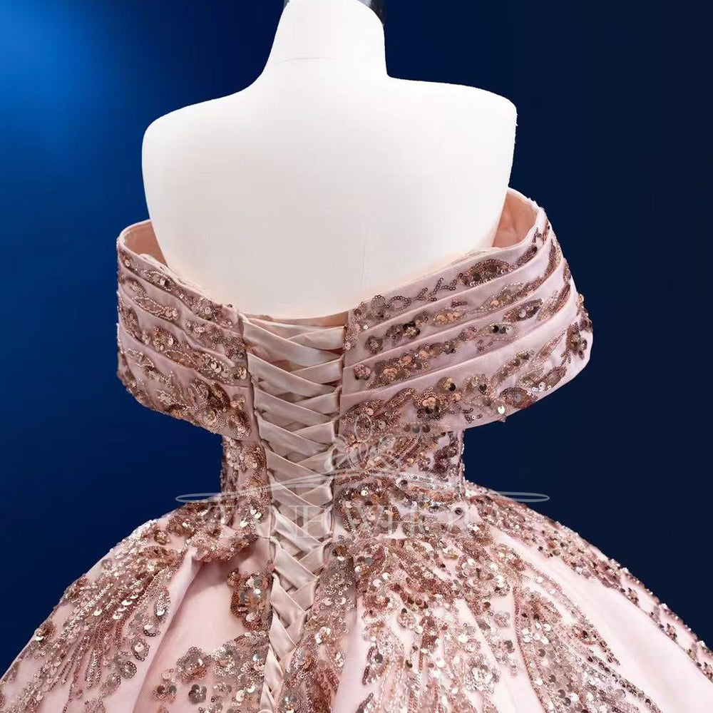 TW308 15 Quinceañera Sweetheart Off Shoulder Lace Up Back Embroidery Sequined Customized Pink Luxury Long Dress