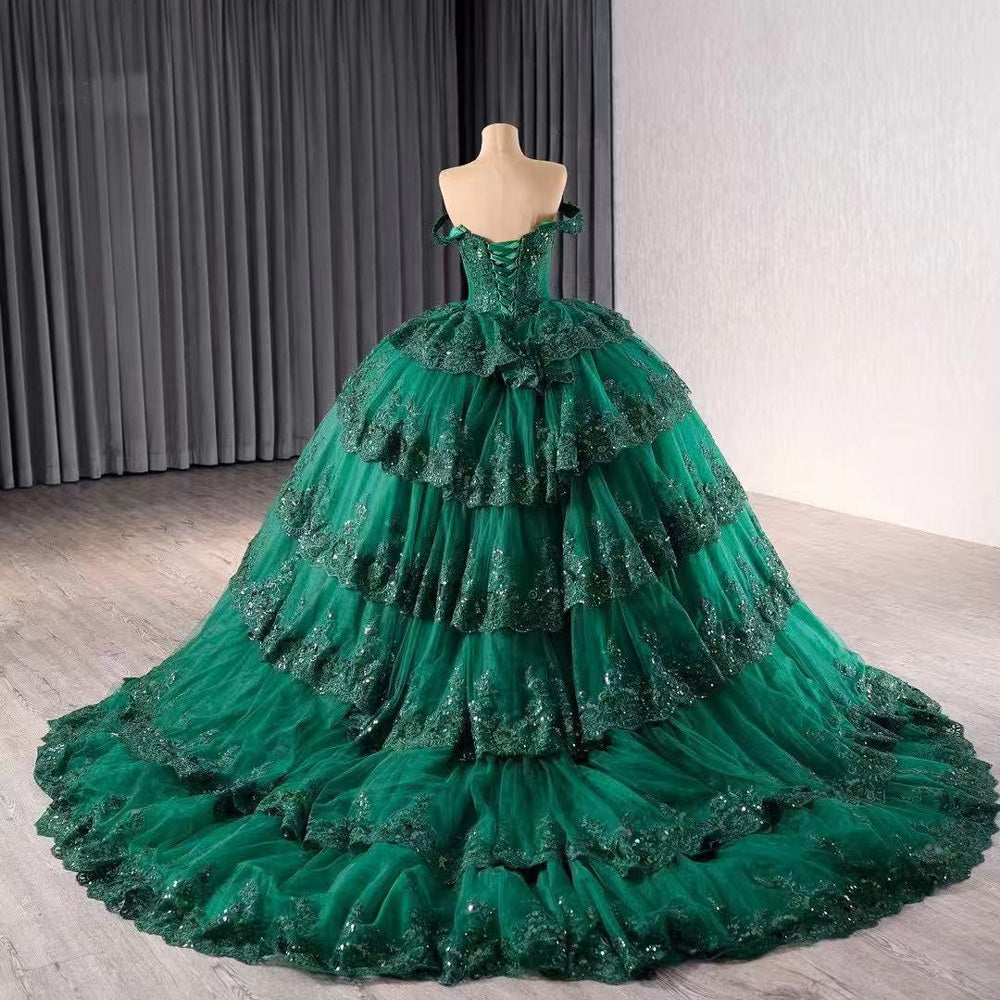 TW124 Vestidos Quinceañeras Estilo Princesa Off Shoulder Sweetheart Appliques Lace Up Back Green Long Dress For Special Occasions