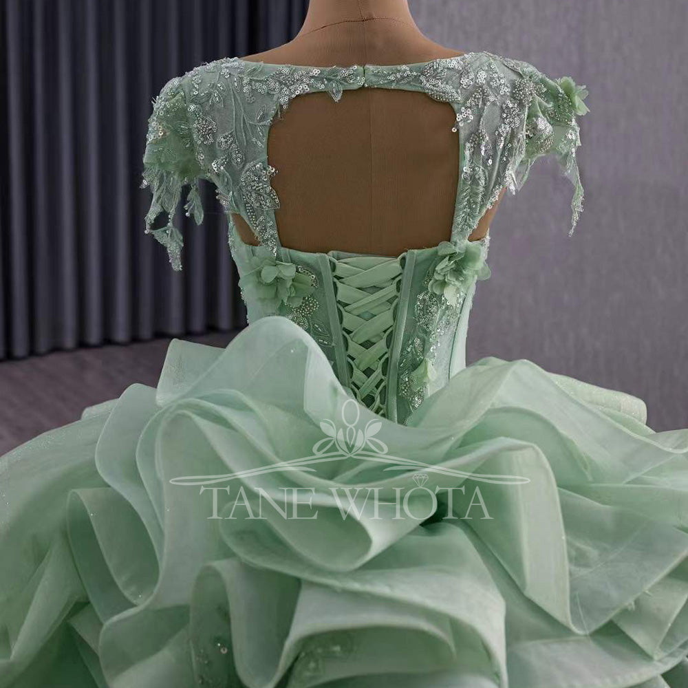 TW370 Quinceanera Dress Sweetheart Cap Sleeve Lace Up Back Appliques Sequined Embroidery Long Green Princess Quinceanera Dress