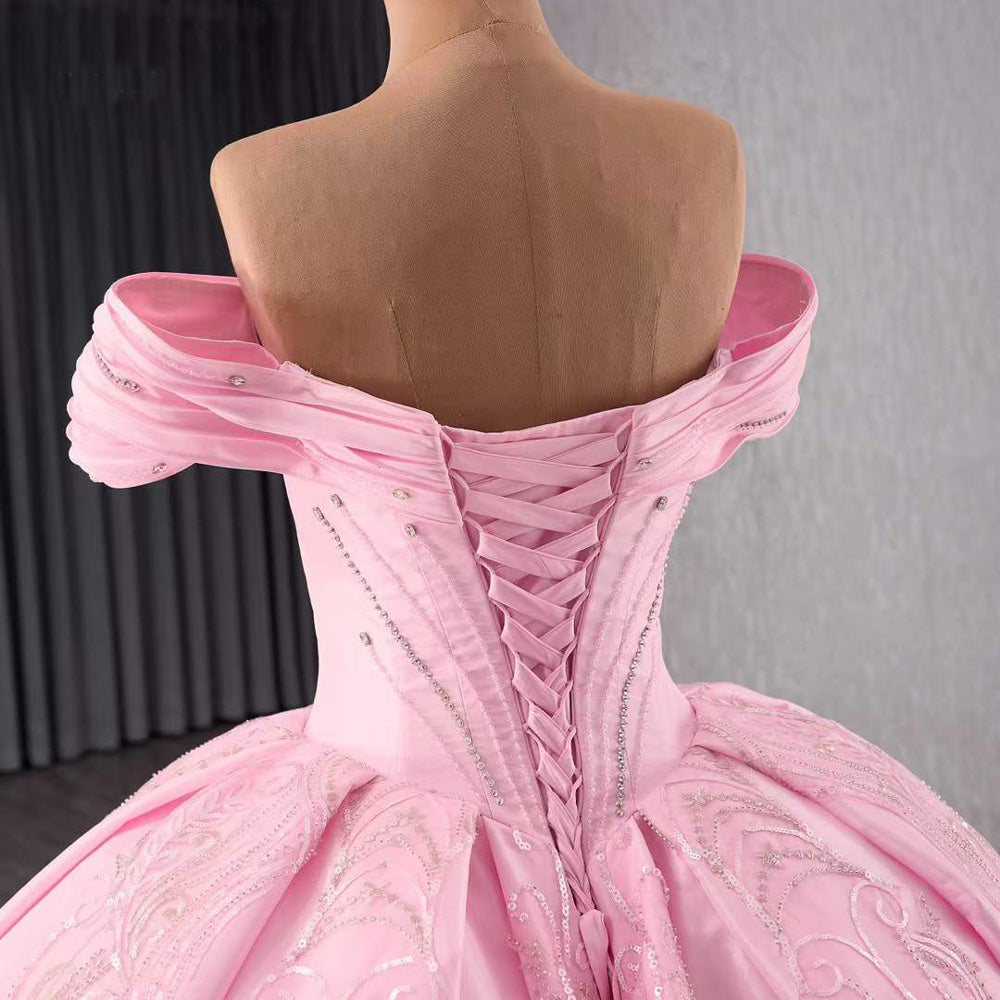TW117 Vestido 15 Quinceañeras Luxury Off Shoulder Sweetheart Lace Up Back Pink Customized Long Dress For Special Occasions
