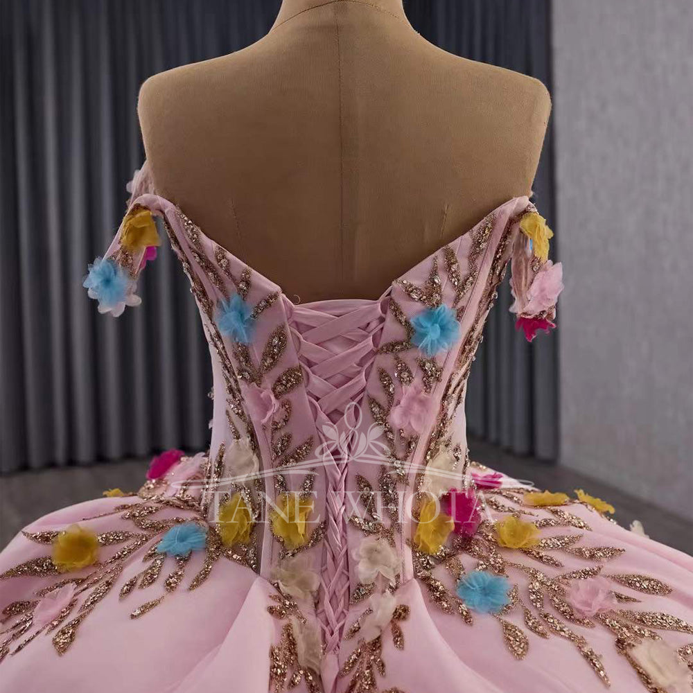 TW570 Girls Pink Quinceanera Dress Sweetheart Off-Shoulder Lace-Up Back Appliques Sequined Abito Quinceanera Princess Customizable