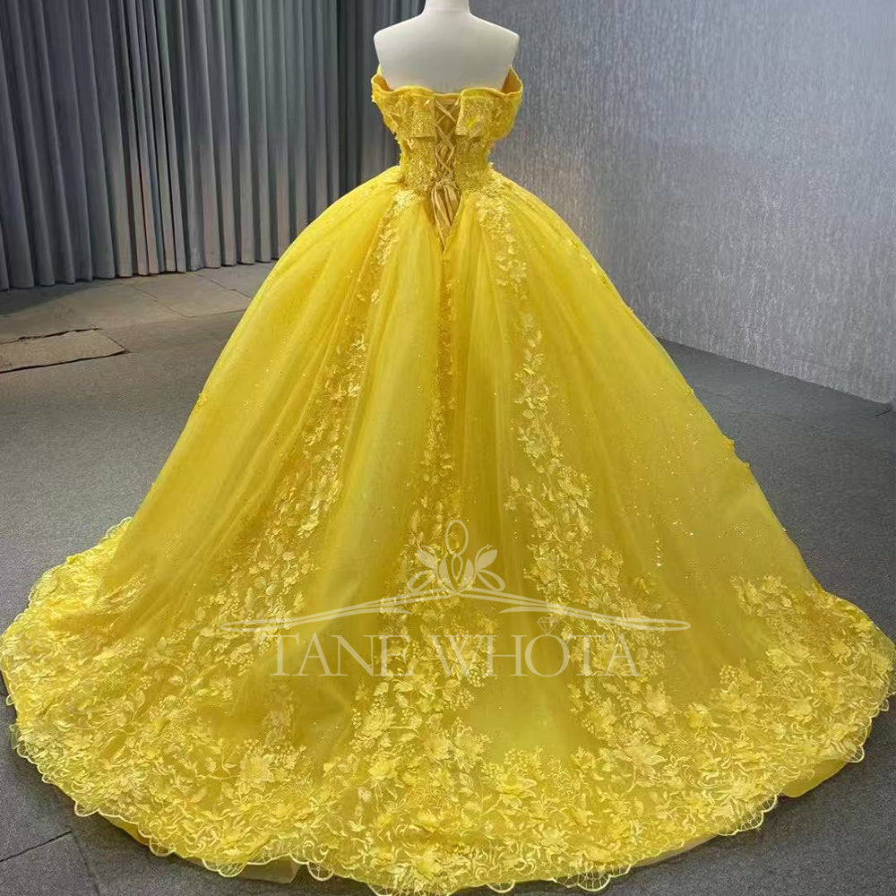 TW288 Vestido De Quinceañera 2025 Off Shoulder Sweetheart Lace Up Back Crystal Appliques Sequined Customized Yellow Long Dress