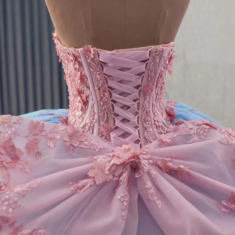 TW097 Vestidos De 15 Años Luxury 2025 Sweetheart Bow Appliques Lace Up Back Blue Pink Long Evening Prom Dress With Detachable Sleeves