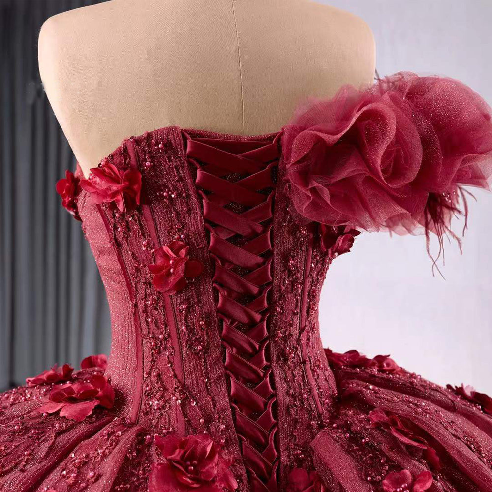 TW193 Vestido Para Quinceañera Luxury One Shoulder Flower Lace Up Back Beading Red Glitter Long Evening Dress For Special Occasions