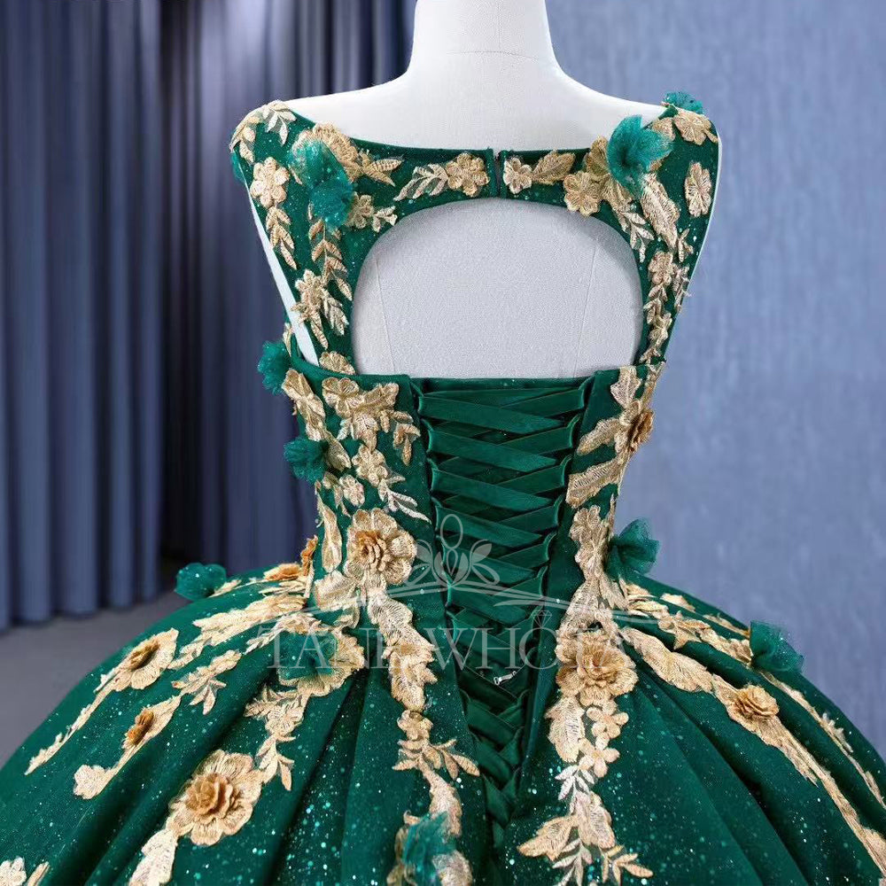 TW307 15 Dress Quinceanera Spaghetti Straps Lace Up Keyhole Back Beading Sequined Appliques Green Ball Gown Flower Quinceanera Dress