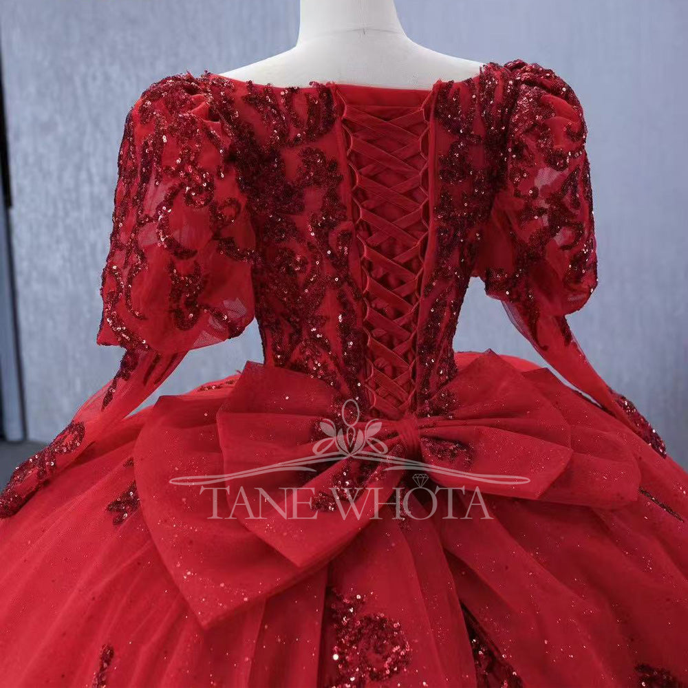 TW564 Red Sweetheart Quinceanera Dress With Long Sleeves Lace-Up Back Sequined Bow - Customizable Prom Dress