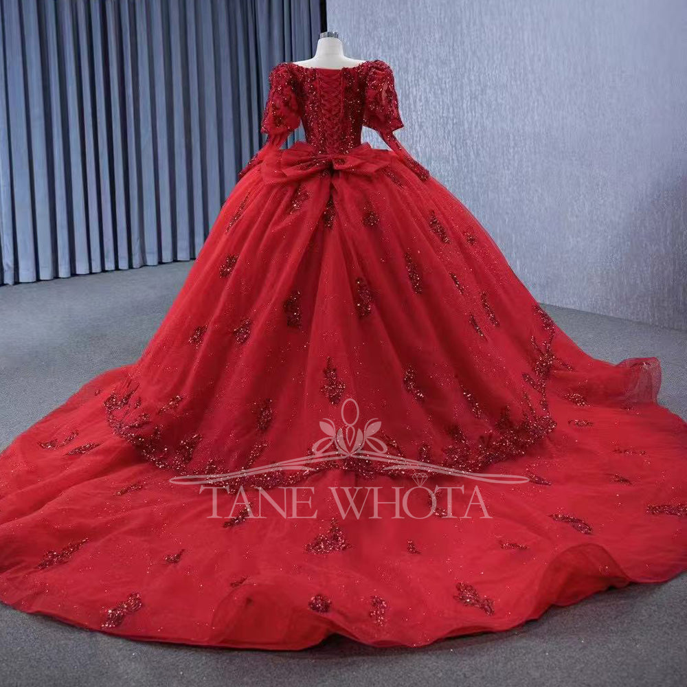 TW564 Red Sweetheart Quinceanera Dress With Long Sleeves Lace-Up Back Sequined Bow - Customizable Prom Dress