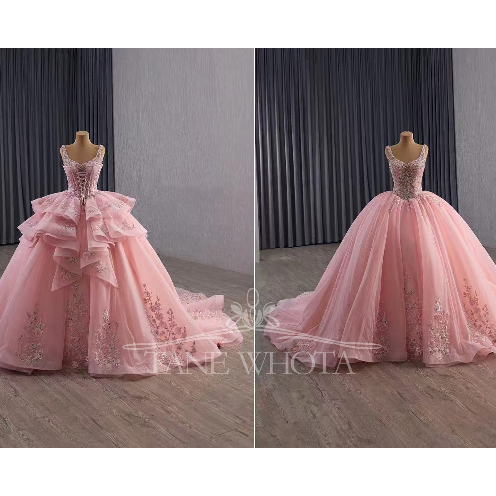 TW573 Customizable Pink Prom Dress Detachable Jacket Spaghetti Straps Lace-Up Back Beading Quinceanera Women's Special Occasion Gown