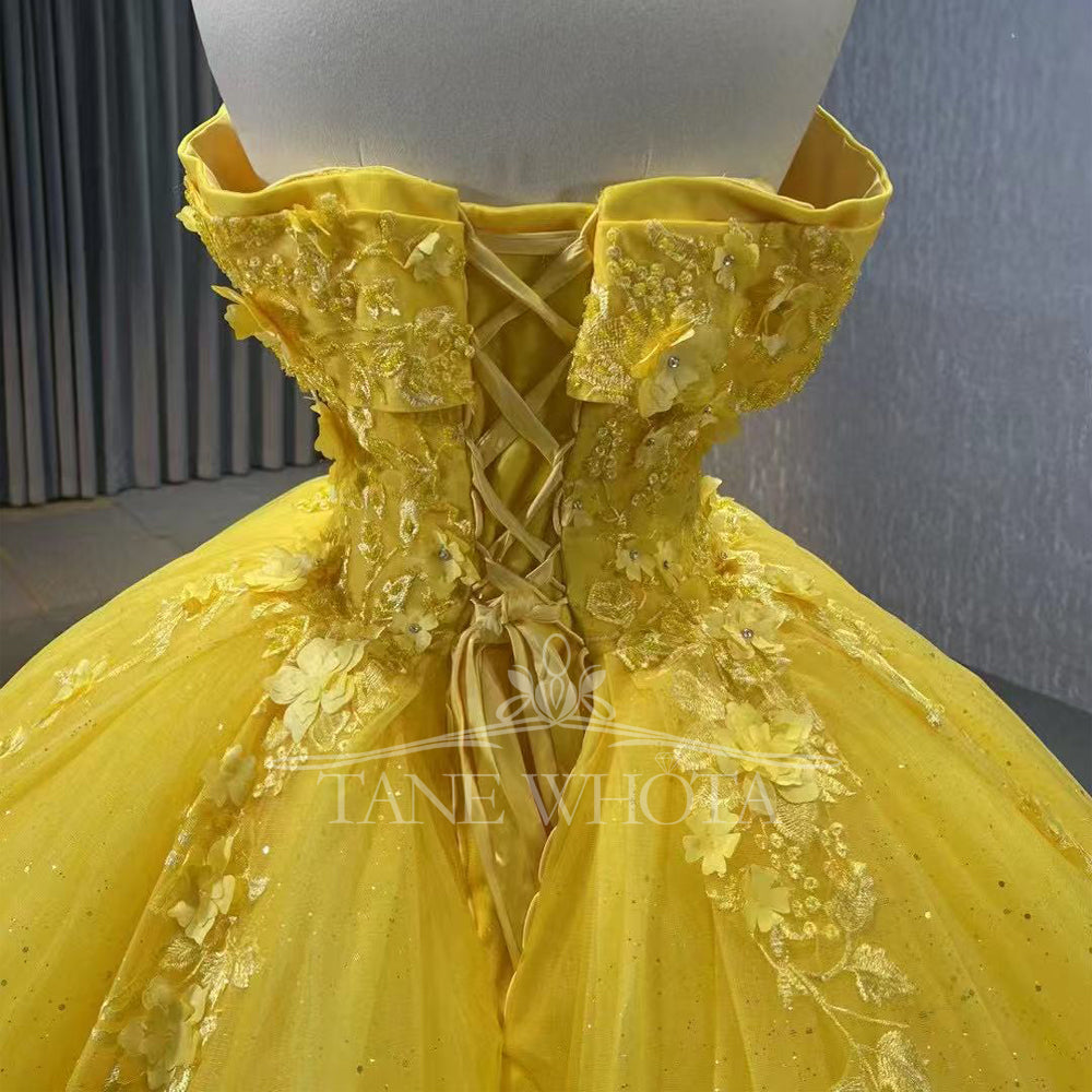 TW288 Vestido De Quinceañera 2025 Off Shoulder Sweetheart Lace Up Back Crystal Appliques Sequined Customized Yellow Long Dress