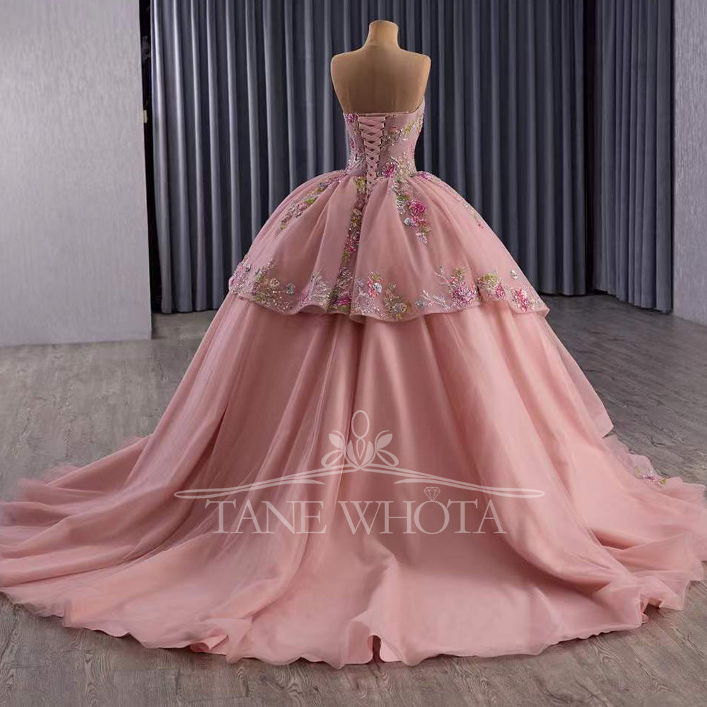 TW527 Pink Quinceañera Evening Gown With Lace-Up Back Detachable Jacket Sequined Embroidery Appliques Customizable Vestido
