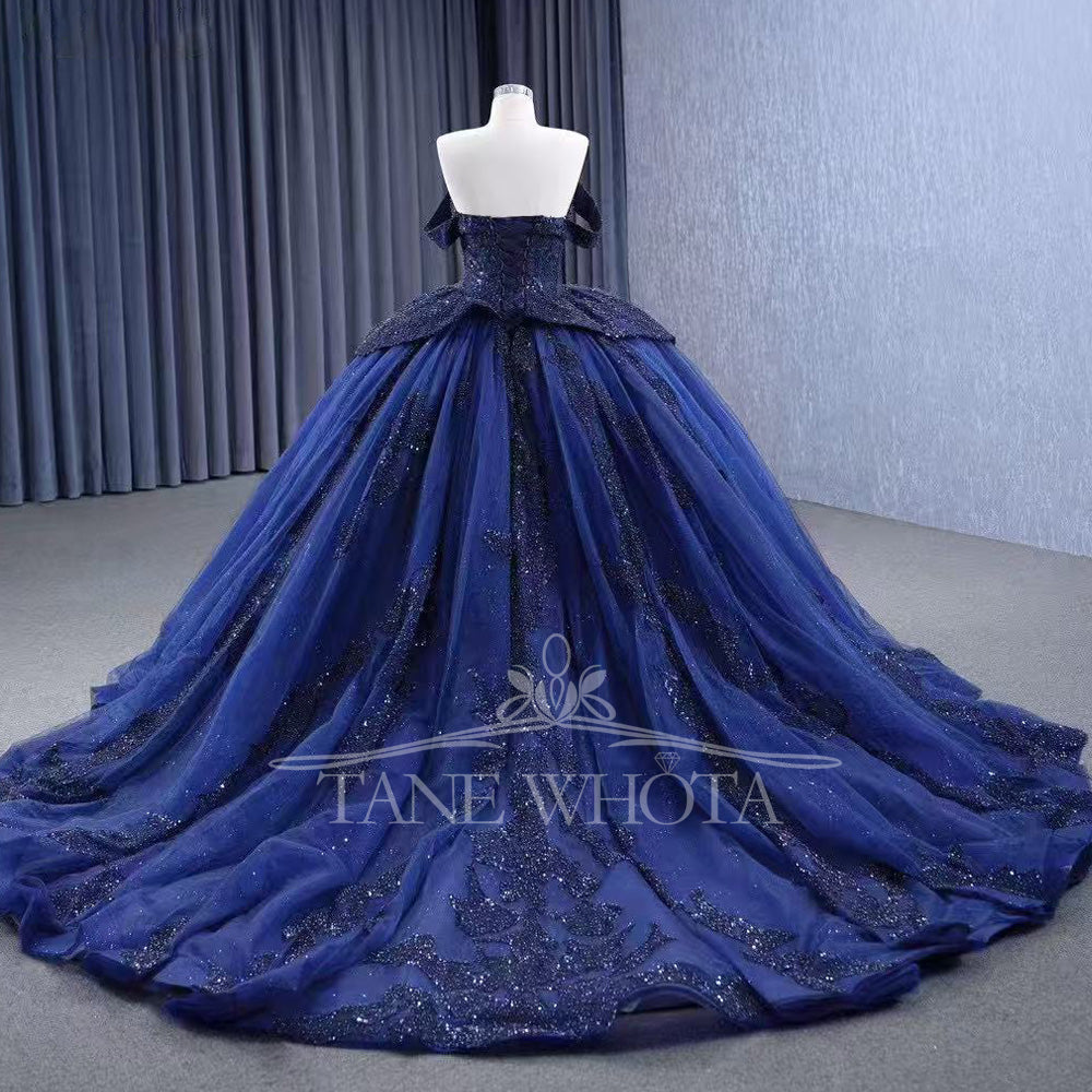 TW557 Customizable Blue Off-Shoulder Sweetheart Quinceañera Dress Lace-Up Back Beaded Sequined Embroidery 15th Birthday Prom Gown