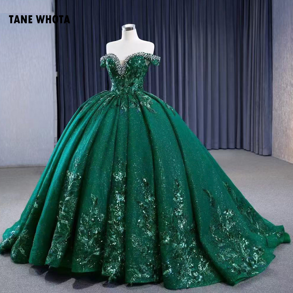 TW287 Vestidos Quinceañera Sweetheart Off Shoulder Lace Up Back Ball Gown Beading Crystal Sequined Customized Green Long Dress