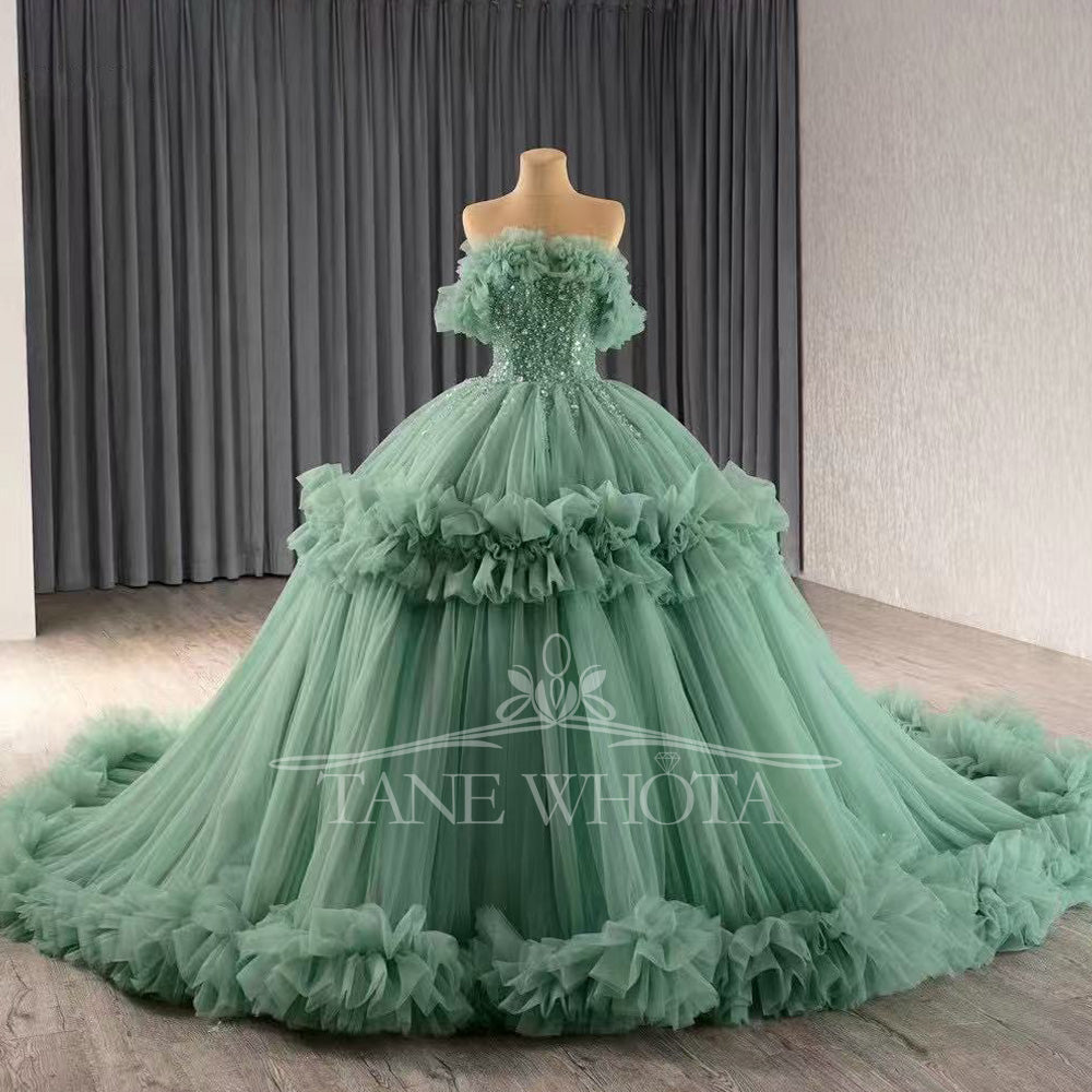TW455 Green Strapless Quinceanera Dress With Lace-Up Back Sequined Beading Customized Luxury Party Gown For Girls