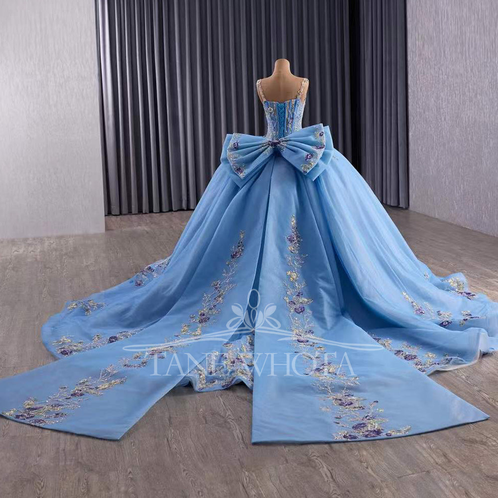 TW571 Customizable Sequined Embroidery Bow Prom Dress For 15 Quinceanera Spaghetti Straps Sleeveless Lace-Up Back Dress