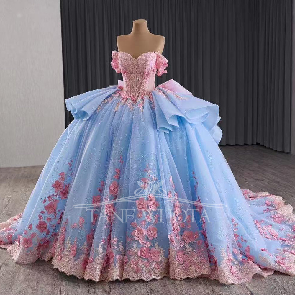 TW445 Girls 15 Quinceanera Dresses Pink Blue Sweetheart Off-Shoulder Lace-Up Back Embroidered Beaded Sequined Appliques Bow Detail