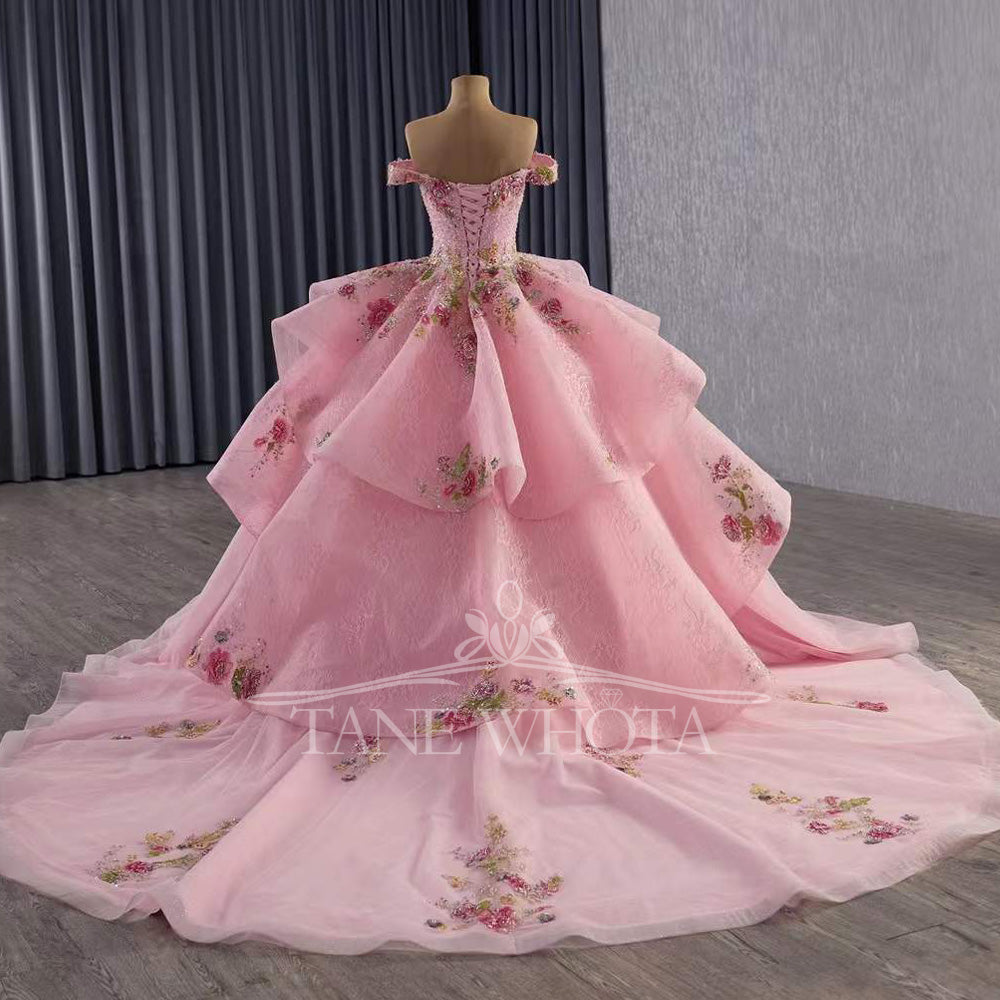 TW515 15 Quinceanera Pink Evening Gown Sweetheart Off-Shoulder Lace-Up Back Beading Sequined Embroidery Customizable Princess Dress