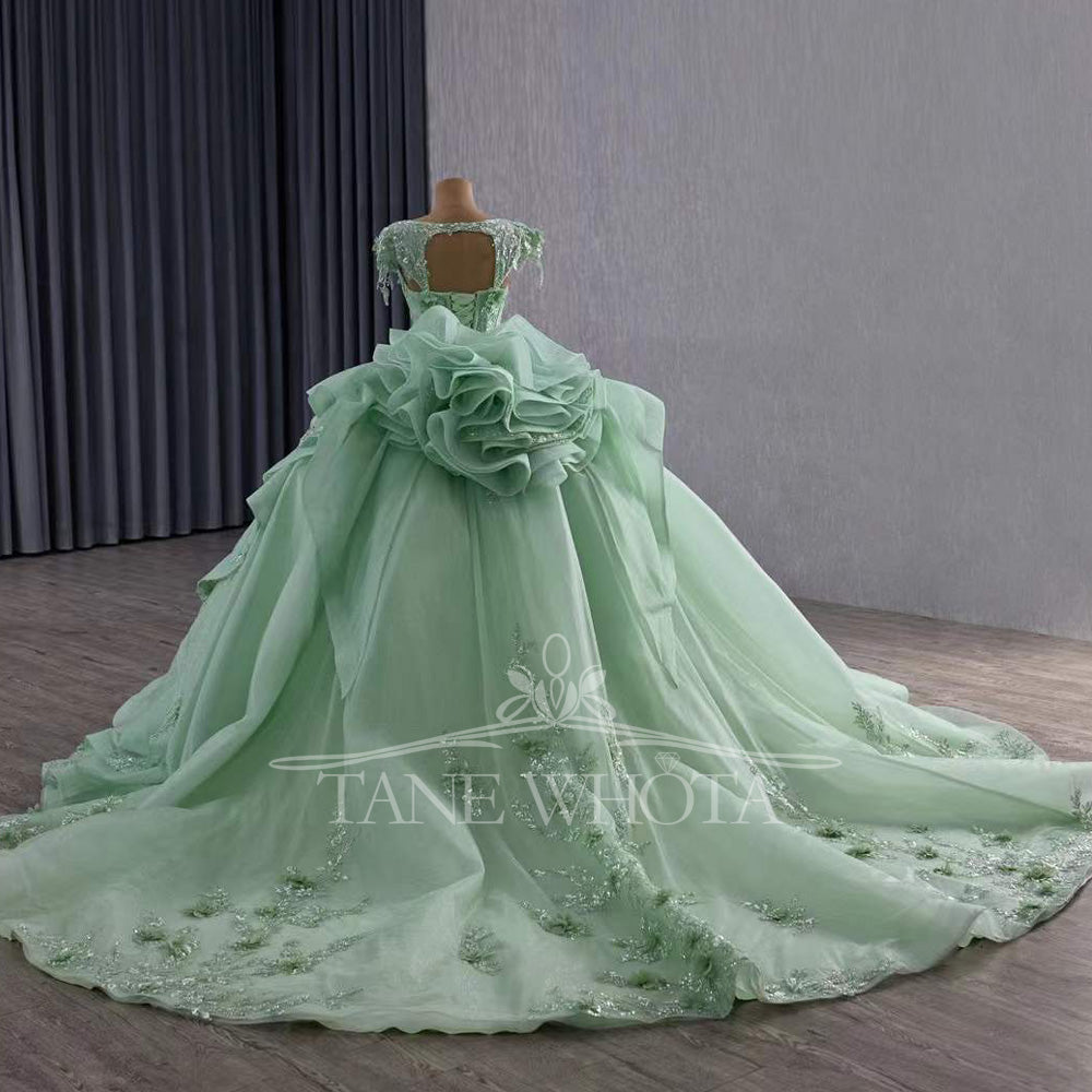 TW370 Quinceanera Dress Sweetheart Cap Sleeve Lace Up Back Appliques Sequined Embroidery Long Green Princess Quinceanera Dress