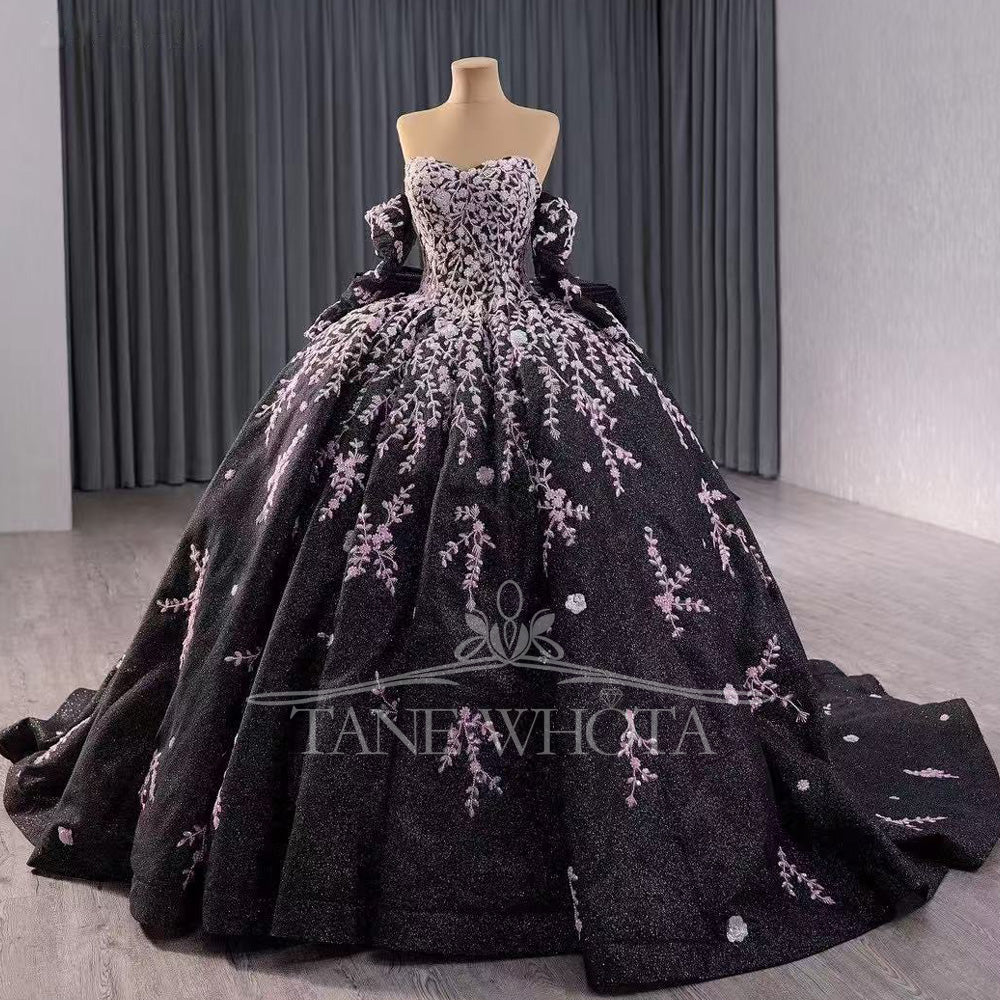 TW349 Vestidos Para Quinceañera Sweetheart Lace Up Back Beading Embroidery Bow Customized Black Luxury Long Dress