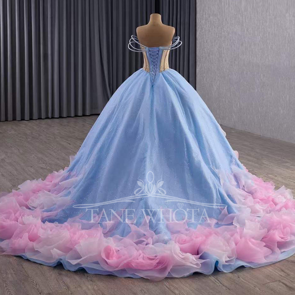 TW563 Blue Strapless Quinceanera Dress With Lace-Up Back Beading Sequined Crystal Ruffles For 15th Birthday Dresses