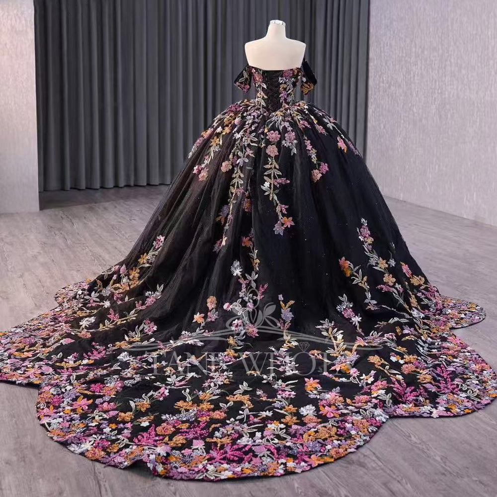 TW505 Black Lace Quinceanera Dress With Off-Shoulder Flowers Sweetheart Lace-Up Back Embroidery Ball Gown For Girls