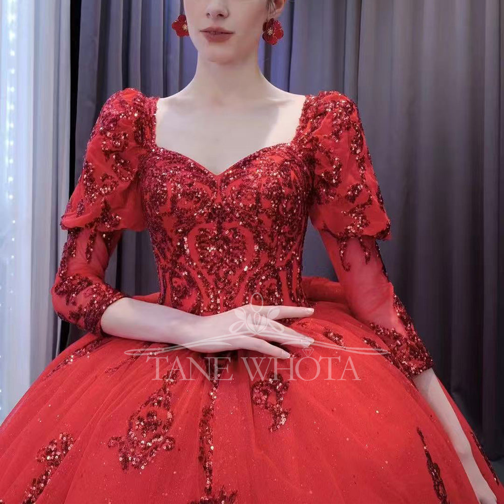 TW564 Red Sweetheart Quinceanera Dress With Long Sleeves Lace-Up Back Sequined Bow - Customizable Prom Dress
